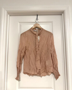 ZARA Pink Tie Neck Blouse Womens Medium Long Sleeve Office Work Top Bow Front